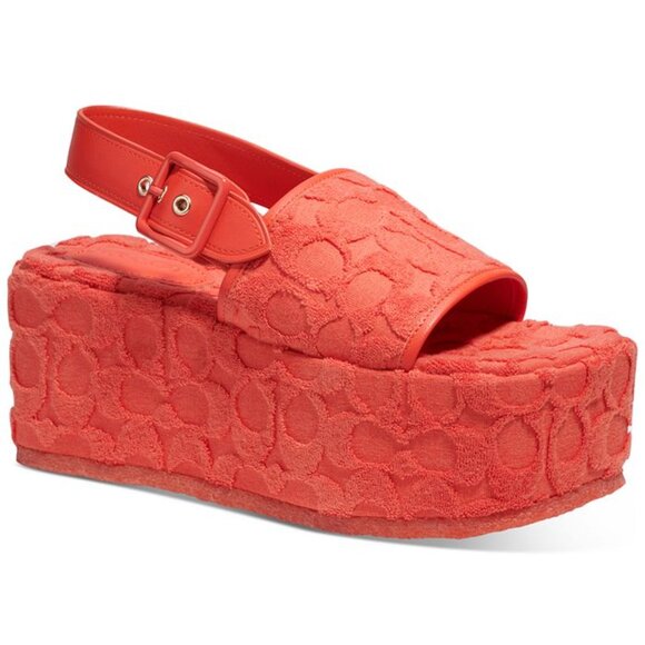 NEQ WOMEN'S Coach Noelle Signature Logo Print Platform Sandals RED ORANGE - Picture 2 of 8